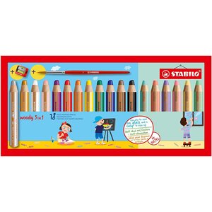 Etui de 18 crayons woody 3in1 +1 pinceau taille 8 + 1 taille-crayon assortis dont 6 pastel stabilo