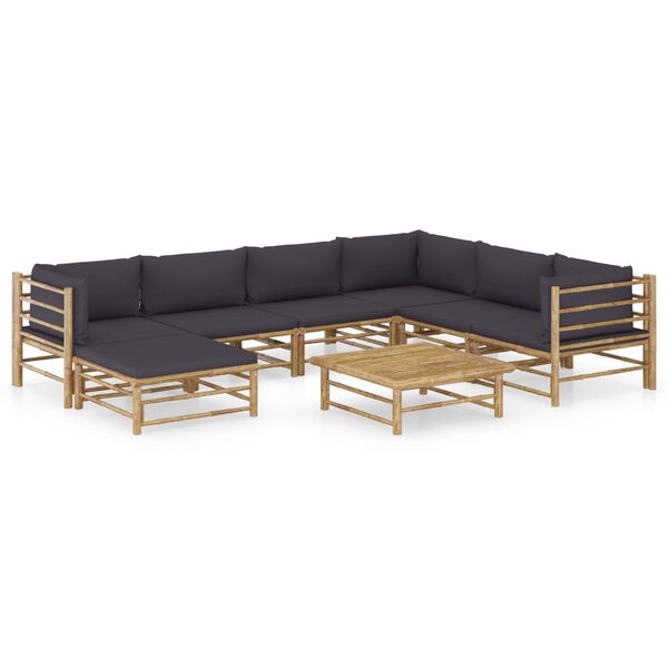Salon de jardin meuble d'extérieur ensemble de mobilier 8 pièces avec coussins gris foncé bambou 02_0017591