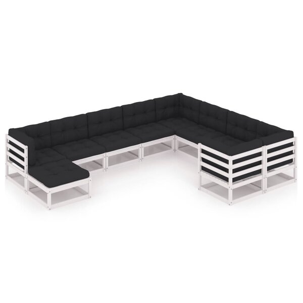 vidaXL Salon de jardin 10 Pièces avec coussins Blanc Bois de pin massif