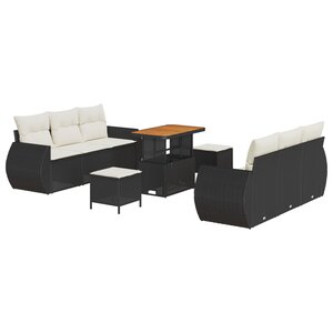 Ensemble de canapé de jardin 9 pièces avec coussins en poly rattan noir et acacia