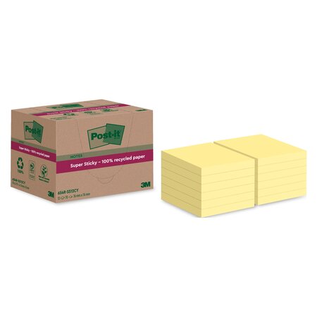 Notes recyclées jaunes pastel super sticky post-it - bloc de 70 feuilles - lot de 12