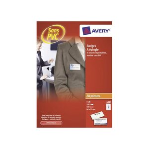 Boite de 100 portes-badge épingle 4x7 5 cm + 108 inserts microperforés AVERY