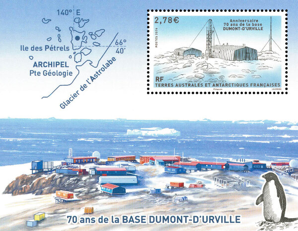 Bloc de 1 timbre TAAF - 70 ans de la base Dumon - d'Urville