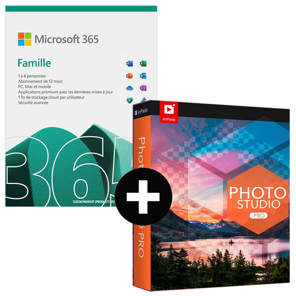 Microsoft 365 famille + inpixio photo studio 12 pro - abonnement 1 an - a télécharger