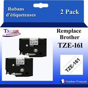 2x Rubans d'étiqueteuses compatibles avec Brother Tze161  Tze-161 pour étiqueteuses P-touch - Texte noir sur fond transparent - Largeur 36 mm x 8 mètres - T3AZUR