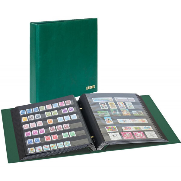 Album Lindner à 2 vis pour timbres-poste avec 10 feuilles mobiles. Couleur - Vert