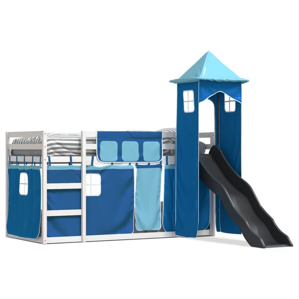 vidaXL Lit superposé avec toboggan et rideaux bleu 90x200 cm