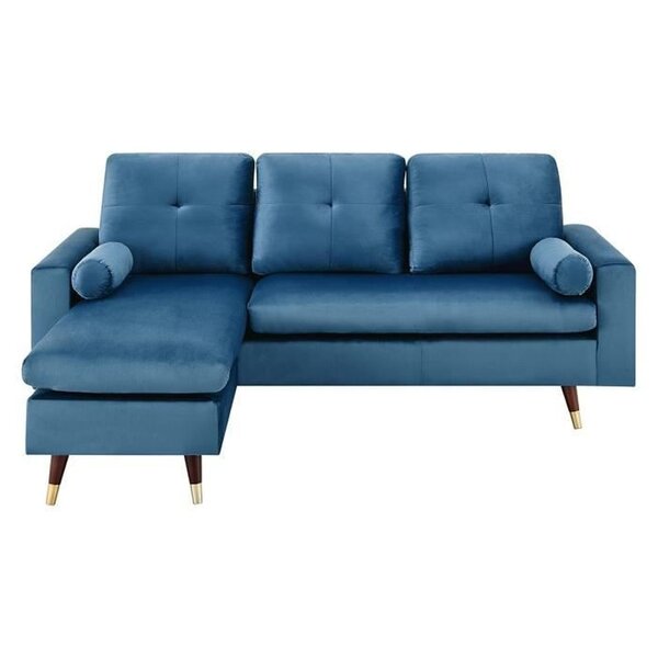 Canapé d'angle fixe réversible - 3 places - Tissu bleu - Pieds bois et doré - 194 x 139 x 83 - NEW YORK