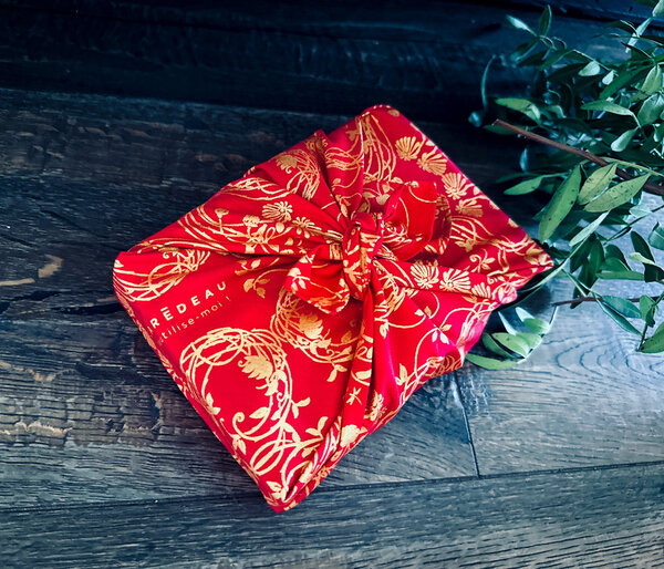 Papier Cadeau Réutilisable Emballage Furoshiki Coton Recyclé : Jardin Secret  (Taille S) 35x35 cm Rouge Coquelicot