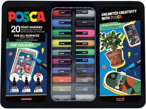 Posca Pop Colors Valise en métal avec 20 marqueurs peinture - Couleurs et traits assortis - Pointe polyester - Encre pigmentée à base d'eau - Résistant à la lumière - Couleurs assorties