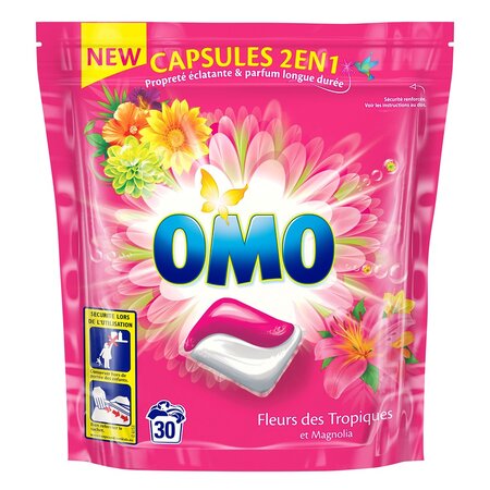 Omo Capsules 2 en 1 Propreté Éclatante & Parfum Longue Durée Fleurs des Tropiques et Magnolia x30 (lot de 2 soit 60 doses)