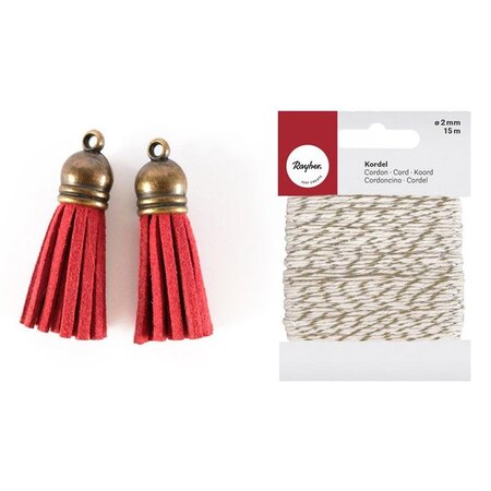 2 mini pompons en suédine rouges 4 cm + Ficelle dorée & blanche 15 m