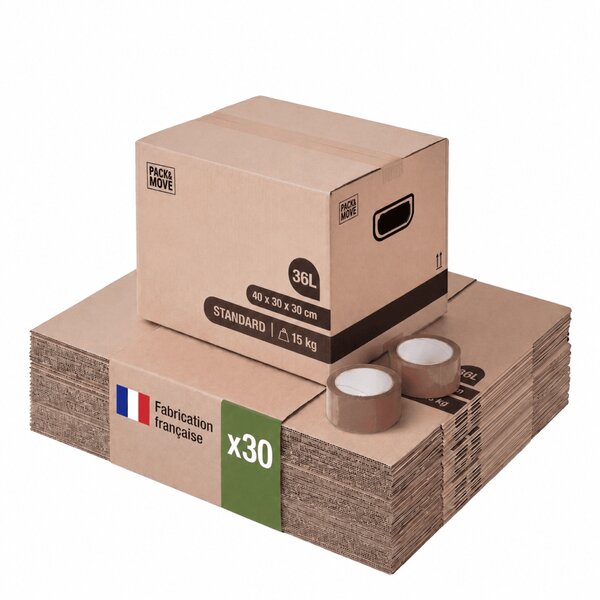 Pack and Move - Lot de 30 cartons déménagement livres avec poignées + 1 adhésif GRATUIT