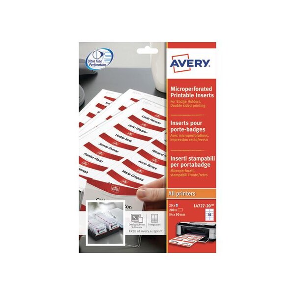 Boite de 160 bristols Microperforés 190g 60x90 mm en planche A4 pour badges AVERY