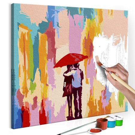 Tableau à peindre par soi-même - couple sous un parapluie (fond rose) l x h en cm 45x45