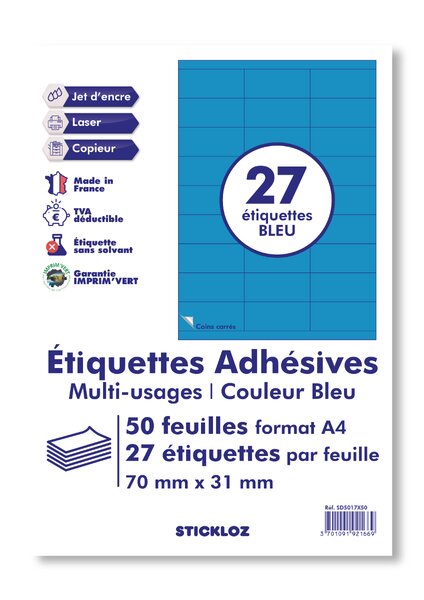 50 planches a4 - 27 étiquettes 70 mm x 31 mm autocollantes bleu par planche pour tous types imprimantes - jet d'encre/laser/photocopieuse