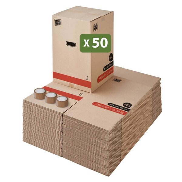 Pack and Move - Lot 50 Cartons Déménagement Premium - 40 X 40 X 60 Cm - Extrême Résistance 30 KG - Réutilisables - Double Épaisseur - Poignées Renforcées - 3 Adhésifs Offerts