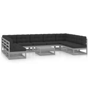 vidaXL Salon de jardin 10 Pièces avec coussins Gris Bois de pin massif