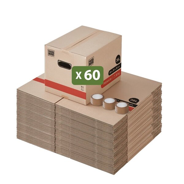 Pack and Move - Lot 60 Cartons Déménagement Livres Premium - 40 X 30 X 30 Cm - Extrême Résistance 20 KG - Poignées Renforcées - 3 Adhésifs Offerts