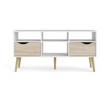Meuble TV 4 niches 2 tiroirs - Blanc / chêne - 117 x 39 x 57 4 cm