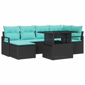 vidaXL Ensemble de canapé de jardin 7 Pièces Noir et Bleu Poly rotin