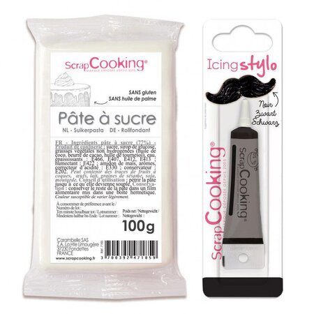 Pâte à sucre blanche 100 g + Stylo de glaçage noir