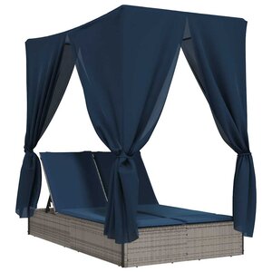 vidaXL Chaise longue double avec toit et rideaux gris résine tressée