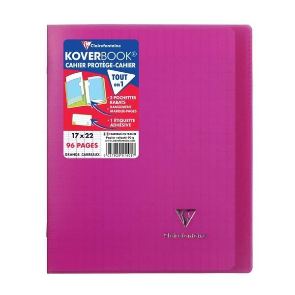 CLAIREFONTAINE - Cahier piqûre KOVERBOOK - 17 x 22 - 96 pages Seyes - Couverture Polypro translucide - Couleur rose