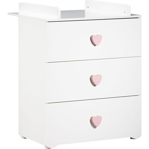 Commode à langer 3 tiroirs - Boutons coeur rose
