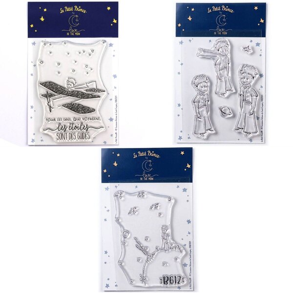 7 Tampons transparents Le Petit Prince dans son avion + Etoiles + Astéroïd
