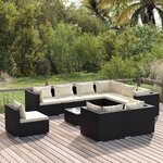 vidaXL Salon de jardin 10 Pièces avec coussins Résine tressée Noir