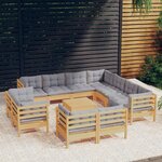 vidaXL Salon de jardin 12 Pièces avec coussins gris Bois de pin massif