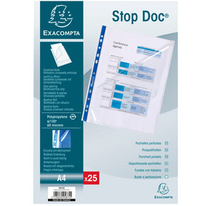 Sachet 25 pochettes perforées Stop doc ouverture en coin PP lisse 6/100e A4 EXACOMPTA