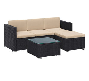 Salon de jardin extérieur ensemble de mobilier surface tressée en pe tissé à la main canapé d’angle avec coussins dessus de table en verre noir et taupe 12_0001652