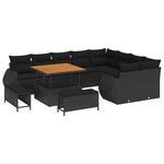 Ensemble de canapés de jardin 12 pièces avec coussins noir poly rotin acacia