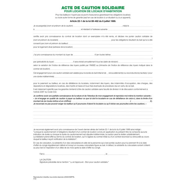 Liasses 'acte De Caution' (tous Contrats Sauf 50e) - Blanc - X 50 - Exacompta
