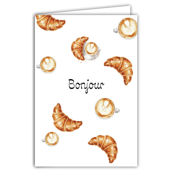 69-4501 Carte de vœux Bonjour Souhaiter une Belle Journée Gourmande Croissants Cafés Viennoiseries Clichés français Illustration élégante - Avec Enveloppe 12x17cm - Fabrication française