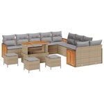 Ensemble de canapé de jardin 14 pièces avec coussins beige en poly rotin acacia