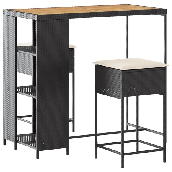 vidaXL Ensemble de bar de jardin 3 Pièces avec coussins noir poly rotin