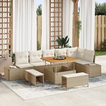 Ensemble de canapé de jardin 9 pièces avec coussins en poly rattan beige acacia