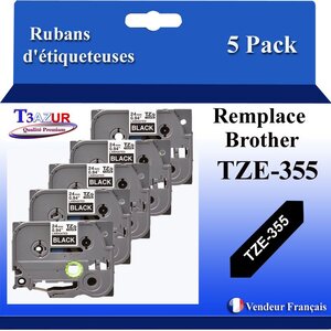 5x  Rubans d'étiqueteuses compatibles avec Brother Tze355  Tze-355 pour étiqueteuses P-touch - Texte blanc sur fond noir - Largeur 24 mm x 8 mètres - T3AZUR