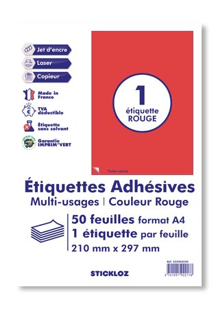 50 planches a4 - 1 étiquette 210 mm x 297 mm autocollante rouge par planche pour tous types imprimantes - jet d'encre/laser/photocopieuse