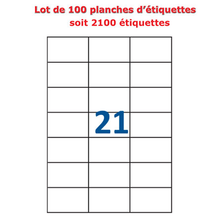 Lot de 100 Planches étiquettes autocollantes sur feuille A4 : 70 x 42 3 mm (21 étiquettes par feuille)