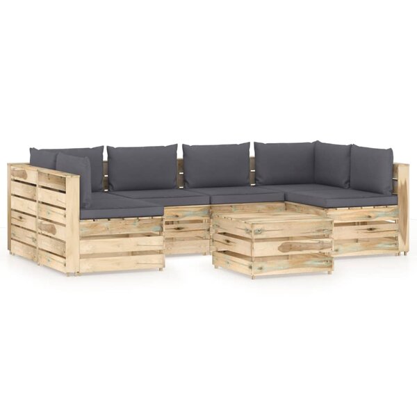 vidaXL Salon de jardin 7 Pièces avec coussins Bois imprégné de vert