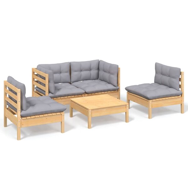 vidaXL Salon de jardin 5 Pièces avec coussins gris bois de pin massif