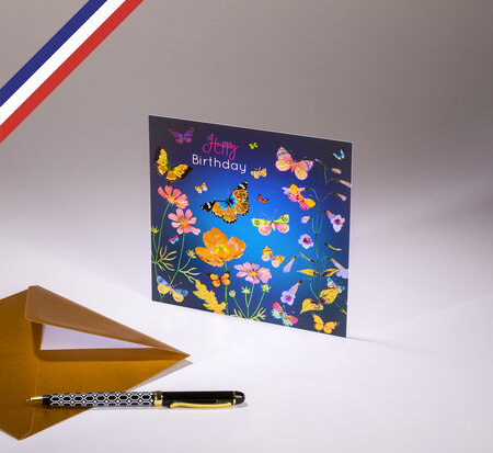 Carte simple paradisio créée et imprimée en france - happy birthday - papillons et fleurs