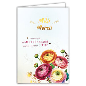 69-3146 Carte Mille Mercis pour Femme Bouquet Fleurs Cœur Renoncules Rose Orange Peinture Aquarelle - Finitions Dorure Or Doré + Gaufrage en Relief +1 Enveloppe Format 12x17cm - Fabriqué en Europe