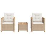 vidaXL Ensemble de bistro 3 Pièces coussins beige résine tressée acacia