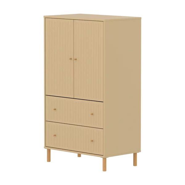 Flexa SAGA Armoire 2 portes et 2 tiroirs a facades rainurees Beige sable Oat Pieds et boutons en chene