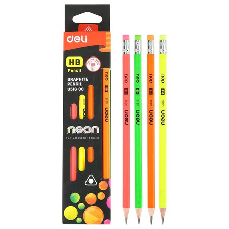 Boîte 12 crayons graphite hb corps triangulaire couleur néon bout gomme deli